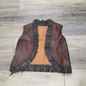 Custom  Vintage Womans Brown Leather Vest with Ruffle Trim And Lace Sides